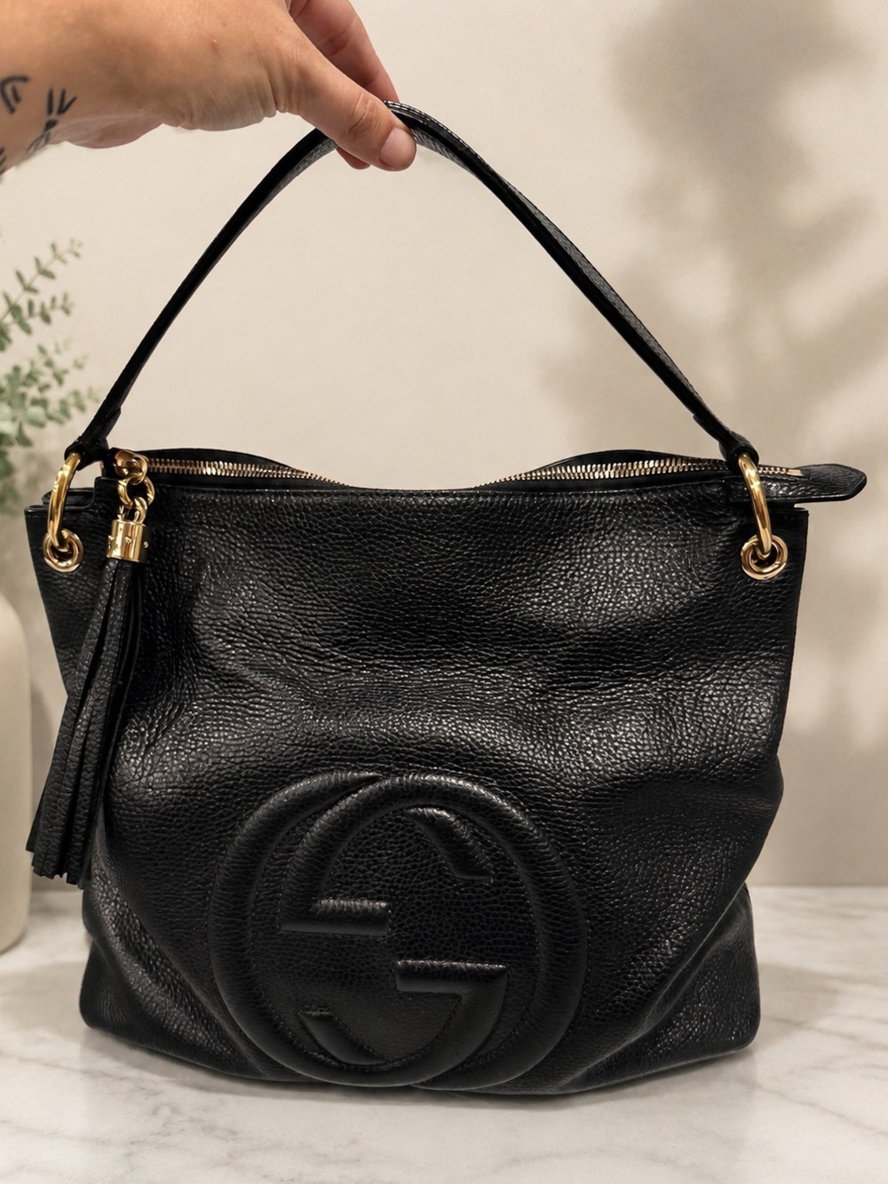 Gucci Soho Black Pebbled Leather Hobo Bag with Tassel